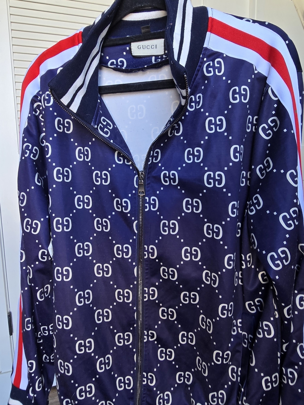 Gucci Navy GG Logo Track Jacket with Red & White Shoulder Stripes